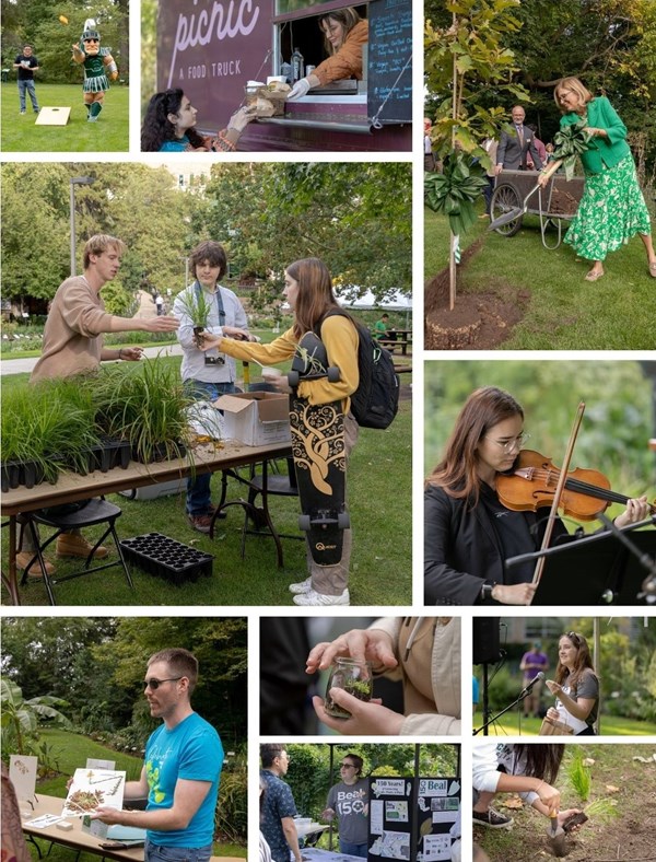 photo collage showing various people engaged in festival activities like playing music, planting a tree, and talking to each other