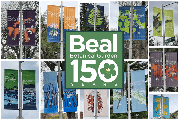 collage of colorful pole banners, Beal Botanical Garden 150th anniversary logo in center