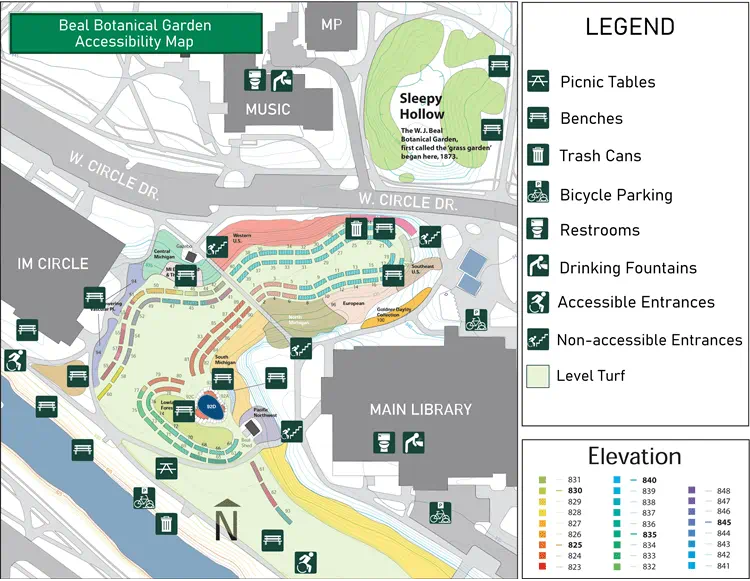 map of Beal Botanical Garden accessibility points and amenities